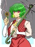  1girl absurdres ascot blue_background breasts closed_mouth collared_shirt commentary cowboy_shot flower green_hair highres holding holding_flower holding_umbrella kazami_yuuka large_breasts long_sleeves looking_at_viewer parasol plaid plaid_vest red_eyes red_skirt red_vest retro_(halfbaked2hu) shirt short_hair simple_background skirt smile solo sunflower touhou umbrella vest white_shirt yellow_ascot 