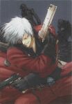  absurdres belt black_gloves blue_eyes coat crossed_arms dante_(devil_may_cry) demon devil_may_cry_(series) devil_may_cry_2_(novel) ebony_&amp;_ivory gloves glowing glowing_eyes gun handgun highres holding holding_gun holding_weapon kosumi_yuuchi leg_belt non-web_source official_art open_mouth pants purple_background rebellion_(sword) red_coat red_eyes red_pants scan skull skull_belt sword weapon white_hair 