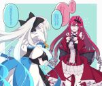  2girls baobhan_sith_(fate) black_bow black_dress blue_background blue_dress bow commentary_request dress drill_hair fate/grand_order fate_(series) fumotewi grey_eyes grey_hair hair_bow hair_ornament highres long_hair morgan_le_fay_(fate) multiple_girls nail_polish pale_skin pointy_ears ponytail red_dress red_hair red_nails sweatdrop translation_request very_long_hair 