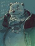  2023 anthro aotadobukitch bear belly big_belly blush clothing cute_fangs hi_res japanese_text kemono male mammal overweight overweight_male polar_bear portrait scarf simple_background solo sweater text topwear ursine 