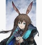  1girl amiya_(arknights) animal_ear_fluff animal_ears arknights ascot black_jacket blue_ascot blue_collar blue_eyes blue_sleeves brown_hair can coffee collar frilled_ascot frills hair_between_eyes highres holding holding_can hood hooded_jacket infection_monitor_(arknights) jacket jewelry long_hair long_sleeves looking_at_viewer multiple_rings neck_ring open_clothes open_jacket open_mouth purple_ascot rabbit_ears rabbit_girl rhodes_island_logo ring simple_background smile solo thumb_ring user_wykd2735 
