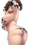  1girl alternate_costume animal_ears animal_print armpits arms_behind_head arms_up ass bell bikini breasts brown_eyes brown_hair cow_ears cow_horns cow_print cow_tail cowbell cowboy_shot elbow_gloves from_below girls_und_panzer gloves highres horns koyama_yuzu kuronyan large_breasts looking_to_the_side lowleg lowleg_bikini ponytail side-tie_bikini_bottom sideboob solo swimsuit tail twisted_torso underboob white_background 