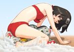  1girl aircraft airplane all_fours azumasix barefoot bikini black_hair breasts brown_eyes cleavage goggles goggles_on_head inflatable_toy kirie_(kouya_no_kotobuki_hikoutai) kouya_no_kotobuki_hikoutai medium_breasts one_eye_closed red_bikini short_hair solo swimsuit waves 