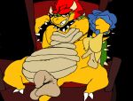  animated anthro balls big_balls bouncing_balls bouncing_penis bowser chair dangling_legs duo furniture genitals horn kamek koopa male male/male mario_bros nintendo penis roksim scalie shell smile teeth throne yellow_body 