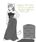  2023 anthro big_breasts breasts callmewritefag clothed clothing cyberconnect2 digital_drawing_(artwork) digital_media_(artwork) domestic_cat dress english_text felid feline felis female footwear fuga:_melodies_of_steel fur hair hi_res little_tail_bronx looking_at_viewer mammal monochrome muscat_(fuga) narrowed_eyes navel simple_background smile smug solo tail text tombstone translucent translucent_clothing underwear 