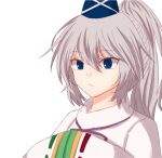  1girl blue_eyes blue_headwear closed_mouth commentary_request grey_hair hands_in_opposite_sleeves hat long_sleeves looking_at_viewer medium_hair mononobe_no_futo pipita ponytail ribbon-trimmed_sleeves ribbon_trim simple_background solo tate_eboshi touhou upper_body white_background 