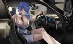  1girl absurdres azur_lane backless_dress backless_outfit bare_shoulders blue_hair breasts car dress highres huge_breasts legs motor_vehicle official_alternate_costume revealing_clothes shitsurakuen_(paradise_lost) silver_dress sitting smile st._louis_(azur_lane) st._louis_(luxurious_wheels)_(azur_lane) 