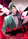  2boys black_background black_bow black_bowtie blood blood_splatter bow bowtie bungou_stray_dogs collared_shirt corpse diffraction_spikes flying_paper genkou_youshi green_hair green_jacket hand_in_pocket highres iyutani jacket lapels long_sleeves looking_at_viewer multiple_boys mushitarou_oguri_(bungou_stray_dogs) notched_lapels paper pocket_square raised_eyebrows shirt short_hair smirk solo_focus splatter_background suit_jacket swept_bangs traditional_bowtie upper_body water_drop white_shirt yellow_eyes 