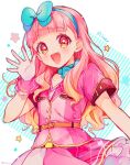  1girl :d aikatsu!_(series) aikatsu_friends! belt blue_bow blue_hairband blunt_bangs blush bow character_name commentary_request gradient_hair hair_bow hairband hand_up idol_clothes jacket long_hair looking_at_viewer multicolored_hair open_hand open_mouth orange_eyes orange_hair pink_hair pink_jacket pink_skirt short_sleeves skirt smile solo standing star_(symbol) touyama_soboro yellow_belt yuki_aine 