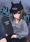  1girl absurdres animal_ears baseball_cap black_headwear black_shorts blue_eyes breasts bright_pupils brown_hair cheval_grand_(umamusume) choker collared_shirt feet_out_of_frame graffiti grey_shirt hat highres holding holding_skateboard horse_ears horse_girl horse_tail lexis_yayoi long_sleeves looking_at_viewer multicolored_hair shirt short_hair shorts signature sitting skateboard small_breasts solo streaked_hair tail umamusume white_pupils 