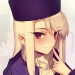  1girl boa_(brianoa) coat english_commentary fate/stay_night fate_(series) finger_to_mouth hat highres illyasviel_von_einzbern long_hair looking_at_viewer portrait purple_coat purple_headwear red_eyes scarf smile solo white_hair white_scarf 