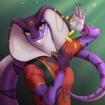  2023 5_fingers anthro breasts claws clothed clothing digital_media_(artwork) female fingers green_eyes looking_at_viewer non-mammal_breasts p-v-s purple_body purple_scales reptile scales scalie smile snake solo 