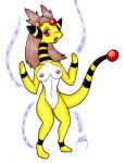  accessory after_transformation alternate_species ampharos anthro blue_eyes blush breasts brown_hair female generation_2_pokemon genitals gym_leader hair hair_accessory ivanks jasmine_(pokemon) long_hair long_neck mammal nintendo nipples nude open_mouth orb pokemon pokemon_(species) pussy simple_background solo standing stripes tail tongue white_background white_body yellow_body 