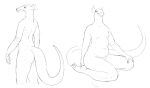  2022 anthro belly bent_legs butt cettus dragon frill_(anatomy) fritjof hand_on_knee hand_on_leg male monochrome nude scalie sitting sketch slightly_chubby slightly_chubby_anthro slightly_chubby_male standing tail 