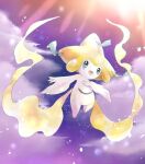  :d asakirirokuyu blue_eyes cloud commentary_request full_body jirachi light_particles light_rays looking_at_viewer night night_sky no_humans open_mouth petals pokemon pokemon_(creature) sky smile solo star_(sky) starry_sky tanzaku 
