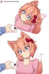  1girl 1other :&lt; absurdres animal_ear_fluff animal_ears artist_name blue_eyes bow breasts cellphone collarbone commentary confused doki_doki_literature_club english_commentary fox_ears fox_girl fox_tail hair_between_eyes hair_bow head_tilt highres holding holding_phone kemonomimi_mode medium_breasts multiple_views patreon_logo patreon_username phone pink_hair pink_shirt raion_(raionart) red_bow sayori_(doki_doki_literature_club) shirt short_hair simple_background smartphone tail white_background 