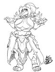  2023 ailurid anthro armor big_breasts breasts female hair huge_breasts lunarspy mammal monochrome red_panda rilao_(pandarilao) signature simple_background smile solo standing text thick_thighs watermark widescreen 