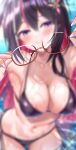  1girl artist_name azki_(hololive) bikini black_bikini black_hair blurry breasts colored_inner_hair fingernails glasses highres hololive large_breasts long_hair mizuno_kurage mole mole_under_eye multicolored_hair navel pink_hair purple_eyes side-tie_bikini_bottom smile swimsuit virtual_youtuber wading wet 