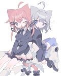  2girls absurdres ahoge animal_ears back-to-back back_bow between_legs black_bow black_jacket black_necktie blue_eyes blue_thighhighs bow buttons cat_ears cat_girl cat_tail closed_mouth collared_shirt daizu_(melon-lemon) detached_ahoge fang feet_out_of_frame grey_eyes grey_hair hair_ornament hairclip hand_between_legs heart heart_ahoge highres jacket kneehighs leg_warmers long_sleeves looking_at_viewer medium_hair miniskirt multiple_girls necktie one_eye_closed open_mouth original pink_hair pleated_skirt shirt shoes simple_background sitting skin_fang skirt socks star_(symbol) star_hair_ornament tail tail_bow tail_ornament thighhighs two_side_up white_background white_bow white_footwear white_shirt white_skirt white_socks zettai_ryouiki 