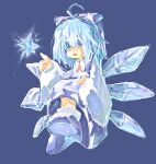  1girl blue_background blue_eyes blue_footwear blue_hair blue_wings cirno fairy highres ice ice_wings open_mouth simple_background solo touhou wings yamasina009 