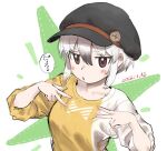  1girl black_hair black_headwear blush brown_eyes cabbie_hat dated double_v hair_between_eyes hat ito_yoki kemono_friends kemono_friends_3 looking_at_viewer multicolored_hair official_alternate_costume shirt short_hair short_sleeves sidelocks solo southern_tamandua_(kemono_friends) t-shirt translation_request two-tone_hair two-tone_shirt upper_body v white_hair white_shirt yellow_shirt 