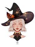  1girl bell bob_cut commission expressionless eyelashes facial_mark glowing hat highres inoaart looking_at_viewer makeup original portrait red_lips short_bangs short_hair simple_background sleeveless solo sparkle watermark white_background white_eyes witch witch_hat 