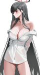  1girl absurdres black_hair blue_archive blush breasts bright_pupils cleavage hair_ornament hairclip halo highres large_breasts leavv long_hair off_shoulder red_eyes rio_(blue_archive) shirt solo sweat very_long_hair wet wet_clothes wet_shirt white_pupils white_shirt 