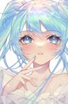  1girl arua bare_shoulders blue_eyes blue_hair blue_nails collarbone dress eyelashes hair_between_eyes hand_up hatsune_miku highres long_hair looking_at_viewer nail_polish parted_lips simple_background solo twintails upper_body vocaloid white_background white_dress 