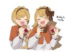  1boy 1girl blonde_hair bow bowtie brown_bow brown_bowtie brown_hairband capelet closed_eyes cookie food foodification hair_bow hairband hamhampangpang holding holding_cookie holding_food lobotomy_corporation long_sleeves mu46016419 open_mouth orange_capelet project_moon puffy_long_sleeves puffy_sleeves punishing_bird shirt smile tiphereth_a_(project_moon) tiphereth_b_(project_moon) translated white_shirt 