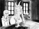  bedroom_eyes black_and_white blush claws demon duo female flat_chested hi_res horn human humanoid larger_female male male/female mammal medieval monk monochrome narrowed_eyes pineathyl seductive size_difference smaller_male snaggle_teeth suggestive_pose thick_thighs wide_hips 