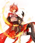  1girl absurdres arknights arya_melati black_gloves black_thighhighs closed_mouth commentary fiammetta_(arknights) fiammetta_(divine_oath)_(arknights) fire gloves hair_between_eyes hand_up highres long_sleeves looking_at_viewer pyrokinesis red_eyes red_hair red_skirt shirt short_hair simple_background skirt solo thighhighs twitter_username watermark weapon white_background white_shirt 