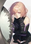  1girl absurdres armored_leotard black_gloves black_leotard breasts cotta_(heleif) elbow_gloves fate/grand_order fate_(series) gloves hair_over_one_eye highres holding holding_shield large_breasts leaning_forward leotard looking_at_viewer lord_camelot_(fate) mash_kyrielight parted_lips pink_hair purple_eyes purple_gloves shadow shield short_hair simple_background solo two-tone_gloves 