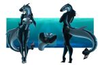  3apa3a anthro breasts butt dorsal_fin female fin genitals grey_tongue hi_res living_machine living_vehicle machine metallic_body nipples nude presenting presenting_pussy pussy sharp-teeth smile solo spread_legs spreading standing submarine tail tail_fin tongue tongue_out underwater vehicle vickie_(schattendrache) water watercraft 
