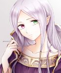  1girl closed_mouth collarbone commentary_request fire_emblem fire_emblem:_the_binding_blade forehead gold_trim green_eyes grey_background hair_ornament hair_tubes heterochromia highres idunn_(fire_emblem) jewelry light_purple_hair long_hair looking_at_viewer parted_bangs pointy_ears purple_eyes purple_robe robe shirokuroma_29 simple_background solo twitter_username 