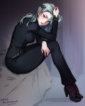  1girl animal_ears artist_name bed black_footwear black_pantyhose blazer blush dated_commentary full_body grey_hair high_heels jacket long_hair looking_at_viewer mina_cream niijima_sae office_lady pantyhose persona persona_5 purple_nails sitting smile solo wavy_hair 