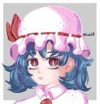  blue_hair embodiment_of_scarlet_devil hat hat_ribbon highres karebu52 mob_cap moon pink_headwear red_eyes red_moon remilia_scarlet ribbon short_hair touhou 