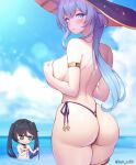 2girls alternate_costume armlet ass bell bikini bikini_top_removed black_hair blank_eyes blue_eyes blue_hair blue_sky breasts butt_erf1y cosplay costume_switch covering covering_breasts cowbell day ganyu_(genshin_impact) genshin_impact green_eyes hat highres holding holding_clothes holding_swimsuit large_breasts long_hair looking_at_viewer looking_back mona_(genshin_impact) multiple_girls o-ring o-ring_bikini ocean outdoors shoulder_blades side-tie_bikini_bottom sideboob sky swimsuit twintails twitter_username wading wardrobe_malfunction witch_hat 