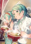  2girls aqua_hair bang_dream! blue_overalls bow bowl braid brown_headband chopsticks closed_eyes commentary_request dress eating food green_eyes hair_bow headband hikawa_hina hikawa_sayo holding holding_chopsticks holding_spoon long_hair medium_hair multiple_girls noodles overalls ramen restaurant rice_bowl shirt siblings sisters slurping spoon striped striped_shirt tamaki_iori twin_braids twins white_dress 