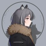  1girl absurdres animal_ear_fluff animal_ears black_jacket closed_mouth expressionless from_side fur-trimmed_jacket fur_trim grey_background grey_hair highres jacket kasasasagi multicolored_hair original profile purple_eyes short_hair solo streaked_hair two-tone_hair upper_body white_hair wolf wolf_ears 