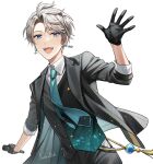  1boy :d artist_name black_gloves black_jacket black_pants blue_eyes blush buttons collared_shirt commentary_request earrings eyelashes gloves gradient_clothes green_necktie grey_hair hair_between_eyes hand_up highres holding holding_microphone jacket jewelry kaida_haru kaida_haru_(5th_costume) lapels light_particles long_sleeves looking_at_viewer male_focus microphone multicolored_clothes multicolored_vest necktie nijisanji official_alternate_costume open_clothes open_jacket open_mouth pants parted_bangs shirt short_hair simple_background sleeves_rolled_up smile solo tassel teeth two-sided_fabric two-sided_jacket upper_teeth_only vest virtual_youtuber white_background white_shirt wing_collar yuuhi_mika 