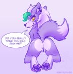  anthro butt canid canine canis dialogue ear_piercing eyelashes eyeshadow female five_nights_at_freddy&#039;s five_nights_at_freddy&#039;s:_security_breach fluffy fluffy_tail fur genitals green_hair hair hi_res humor kneeling lipstick makeup mammal pawpads paws piercing pun purple_body purple_eyeshadow purple_fur purple_lipstick purple_pawpads pussy roxanne_wolf_(fnaf) scottgames sinfulhare solo steel_wool_studios tail talking_to_viewer teasing text white_body white_fur white_hair wolf yellow_eyes 