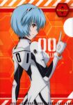  1girl absurdres artist_request ass ayanami_rei blue_hair bodysuit breasts highres interface_headset medium_breasts neon_genesis_evangelion official_art orange_background pilot_suit plugsuit rebuild_of_evangelion red_eyes scan short_hair smile solo standing white_bodysuit 