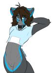  alrec(character) alrecsolus android anthro blue_eyes bottomless brown_hair clothed clothing collar crop_top_hoodie felid feline grey_body hair hand_behind_own_head hands_behind_back hi_res machine male mammal robot solo 