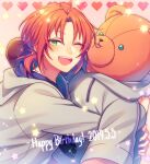  1boy chiyu_(silverxxxx) commentary_request dated drawstring ensemble_stars! fang green_eyes grey_hoodie happy_birthday heart hood hood_down hoodie long_sleeves looking_at_viewer male_focus object_hug one_eye_closed open_mouth orange_hair ponytail solo stuffed_animal stuffed_toy teddy_bear teeth tongue tongue_out tsukinaga_leo upper_body upper_teeth_only 