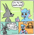  anthro blue_body blue_fur burgerpocalypse candypupper canid canine canis colored comic coyote domestic_dog duo female fur gallows grey_body grey_fur highlights_(coloring) humor male mammal noose pink_highlights speech_bubble 