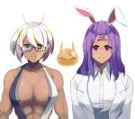  2girls absurdres animal_ears antennae breasts colored_skin crossover_nexus_project crossover_nexus_series dark-skinned_female dark_skin ericht_(isekai_monogatari) glasses highres isekai_monogatari_series lab_coat large_breasts medium_hair multicolored_eyes multicolored_hair multicolored_skin multiple_girls muscular muscular_female pointy_ears purple_hair rabbit_ears red_eyes rider_(isekai_monogatari) short_hair slime_(creature) tattoo tsang_fei two-tone_skin white_hair 