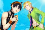  2boys absurdres black_hair blonde_hair clothing_cutout earrings food_print headband highres jewelry jojo_no_kimyou_na_bouken juice_box male_focus multiple_boys narancia_ghirga necktie no_shirt no_undershirt pannacotta_fugo purple_eyes renren_(suiren-ame) sky strawberry_print vento_aureo wristband 