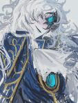  1boy argalia_(library_of_ruina) ascot blue_cape blue_gemstone blue_jacket cape e.g.o_(project_moon) gem gold_trim highres jacket lewyhellbus library_of_ruina long_hair male_focus project_moon simple_background solo spoilers upper_body very_long_hair white_ascot white_background white_hair 