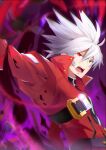  1boy absurdres ahoge belt_buckle black_shirt blazblue buckle chest_belt claws commentary_request d: devoured_by_darkness green_eyes hair_between_eyes heterochromia highres jacket long_sleeves looking_to_the_side male_focus open_mouth purple_background ragna_the_bloodedge red_eyes red_jacket shirowa shirt short_hair solo spiked_hair upper_body white_hair 