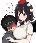  1boy 1girl :d age_difference between_breasts black_headwear black_necktie blush breasts commentary_request fuji_norihiro hat head_between_breasts heart large_breasts looking_at_another male_child necktie pom_pom_(clothes) red_eyes red_headwear shameimaru_aya short_sleeves simple_background smile spoken_heart sweatdrop tokin_hat touhou upper_body white_background 
